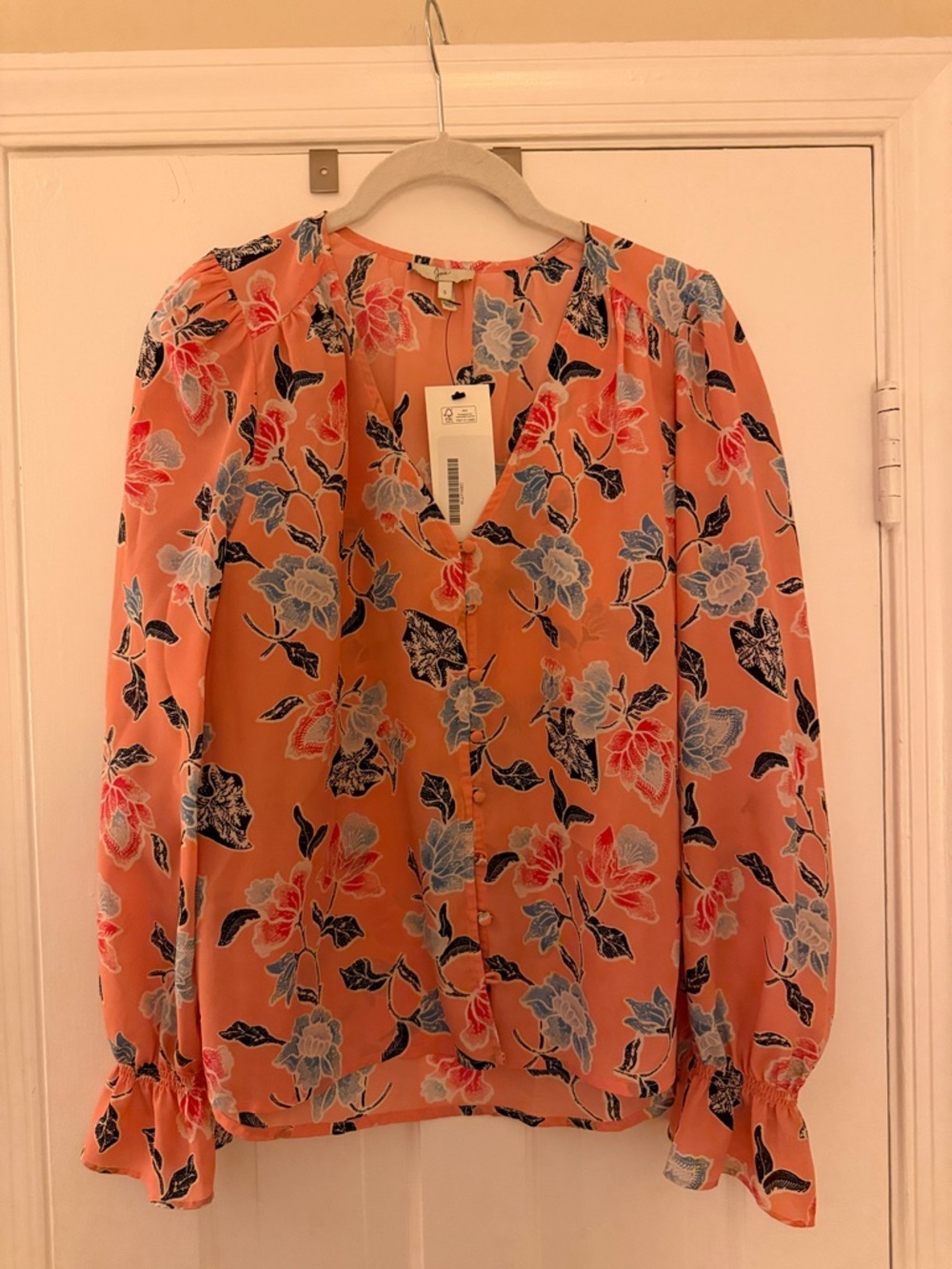 Joie Silk Size S Floral V-Neck Long-Sleeve Blouse - Peach